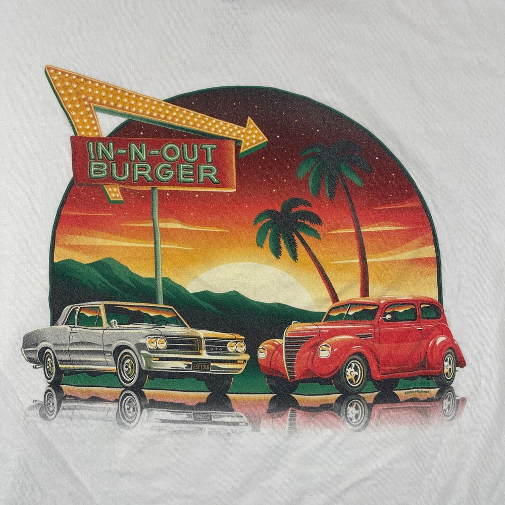 In-N-Out Burger Mens XL White Graphic T-Shirt California Neon Arrow Logo
